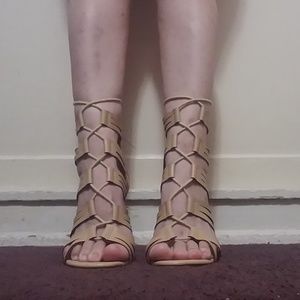 Tan Faux-leather Lace-up Heels w/back zipper